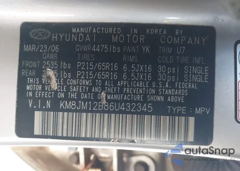 2006 Hyundai Tucson Gl from USA, damaged, VIN KM8JM12B86U432345